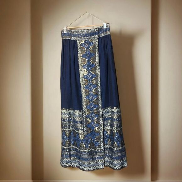 Mayan Modern Blue Gold Handmade Guatemalan 100% Cotton Maxi Skirt - Picture 1 of 8